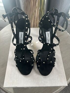 Jimmy Choo Black Pearl-Stud Strappy Suede Heels